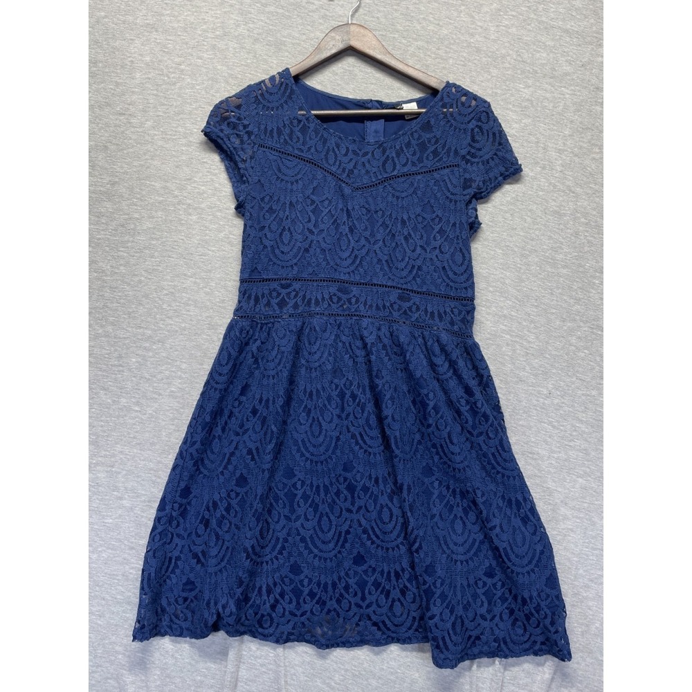 H&M Divided Lace Skater Dress Womens 12 Navy Blue‎ Crochet Trim Cap Sleeve Party